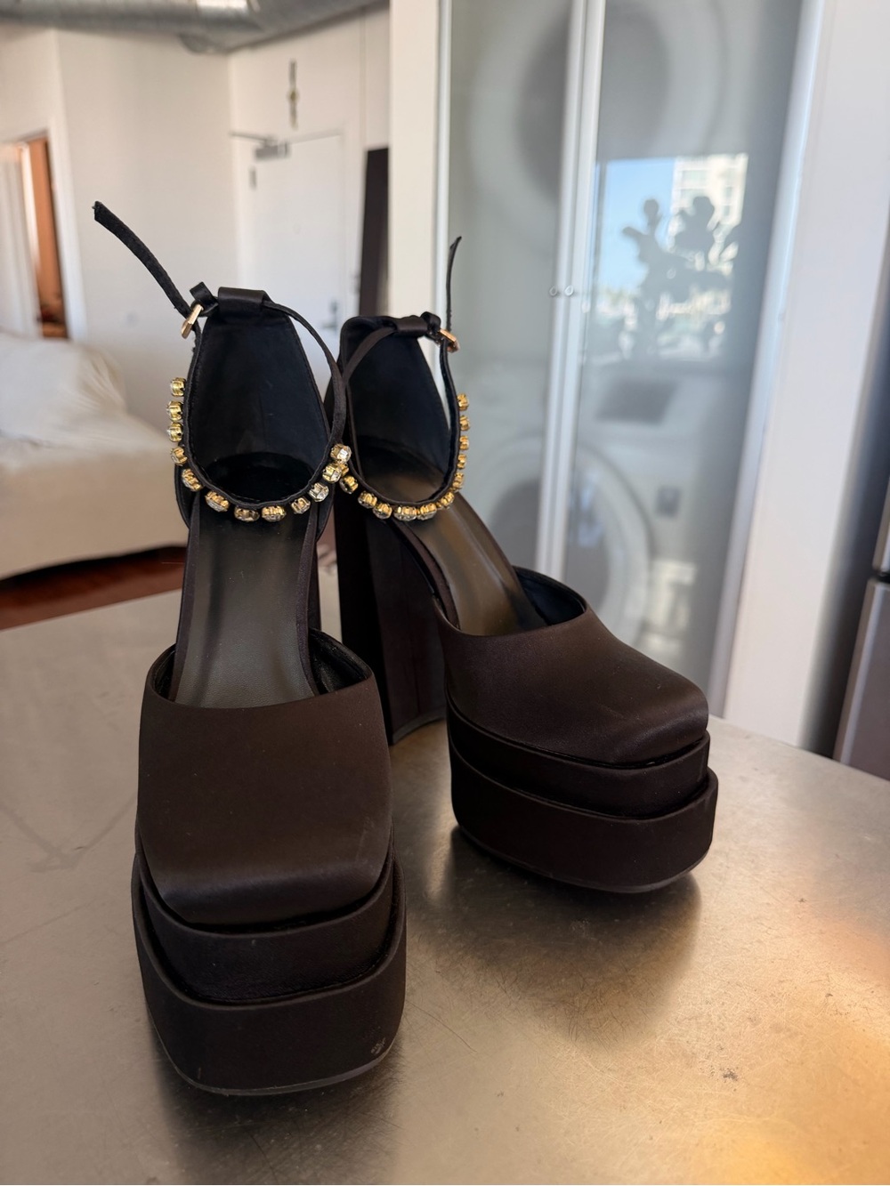 Black Platform Ankle-Strap Heels with Gold Crystal Trim